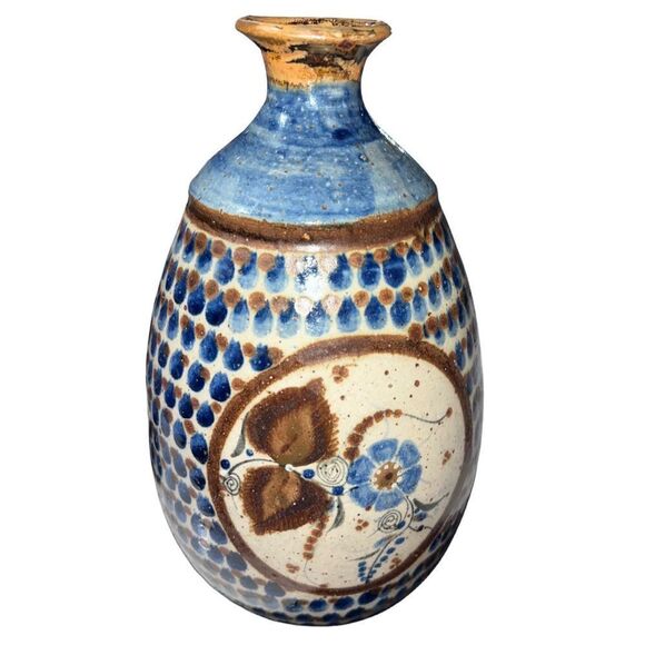 Antique Vtg Pottery Vase Mid Century Ceramic Floral Design Folk Art Decor Blue - Picture 3 of 8